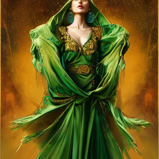 Image similar to a beautiful woman wearing a green kaftan made of silk with golden ornaments by Karol Bak, Ayami Kojima, Amano , concept art, character design, fantasy,3D, 8k resolution