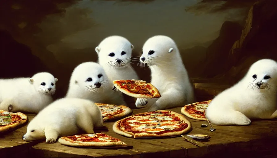 Image similar to highly detailed painting of cute furry white baby seals having a pizza party by william turner, by greg rutkowski, by william constable, thick brush strokes and visible paint layers, 4 k resolution