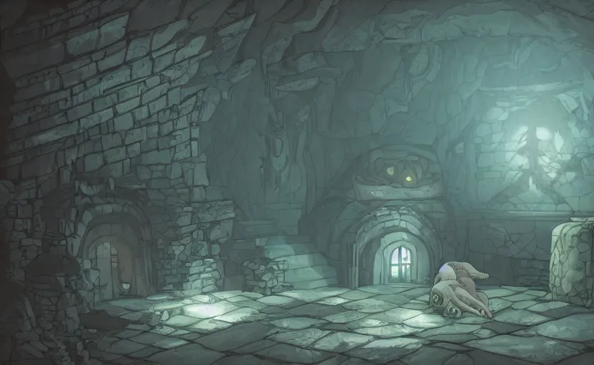 Image similar to a cthulu monster sleeping in a ancient stone room, crystal lights, resident evil, sci - fi atmosphere, cel - shading, cinematic, artstation, studio ghibli, miyazaki, highly details