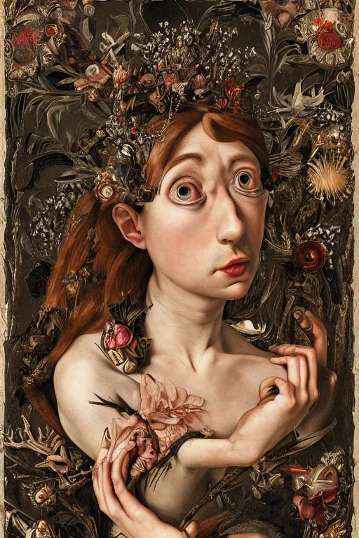 Image similar to Detailed maximalist portrait with large lips and with large eyes, teeth, botany, sad exasperated expression, HD mixed media, 3D collage, highly detailed and intricate illustration in the style of Caravaggio, dark art, baroque