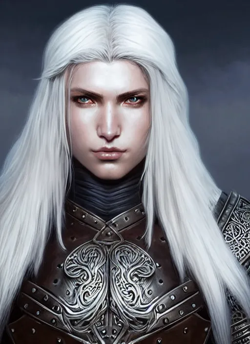 Image similar to warrior, leather armor!!! long wild white hair!! covered chest!!! fantasy, d & d, intricate ornate details, digital painting, pretty face!!, symmetry, concept art, sharp focus, illustration, art by artgerm! greg rutkowski magali villeneuve wlop! ilya kuvshinov!!, octane render