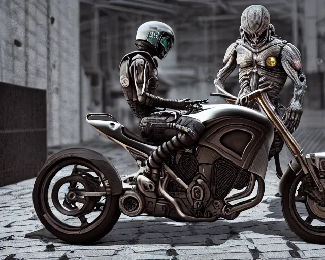Image similar to Xenomorph AKIRA Motorcycle Gang, Full Figure, 8K, octane render, HDR, photorealistic, volumetric lighting, Hyperrealistic-H 960