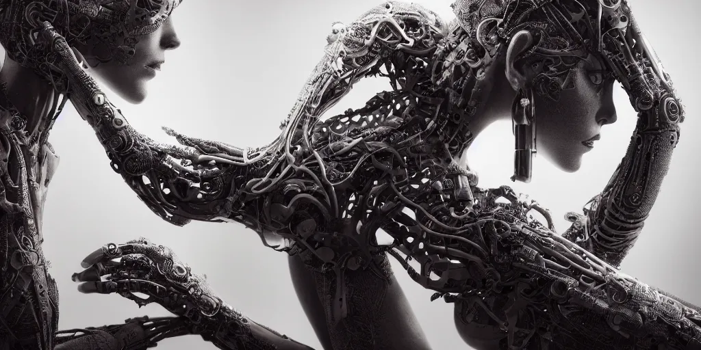 Image similar to hyper realistic photography of a stunningly cyborg female, intimate, holding close, in the style of beth cavener, jin kagetsu,, and wlop, highly detailed, intricate filigree, chrome face symmetry, masterpiece, award - winning, sharp focus, concept art, high key, ambient lighting, 8 k, octane render,