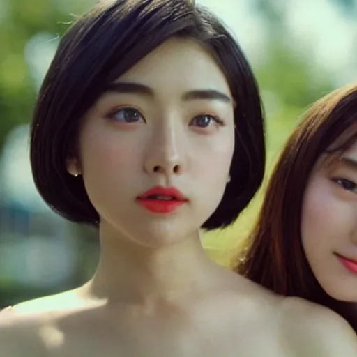 Image similar to 1990s, unbelievably beautiful, perfect, dynamic, epic, cinematic 8K HD movie shot of two semi-close-up japanese beautiful cute young J-Pop idols actresses girls, they express joy and posing together. By a Chinese movie director. Motion, VFX, Inspirational arthouse, high budget, hollywood style, at Behance, at Netflix, with Instagram filters, Photoshop, Adobe Lightroom, Adobe After Effects, taken with polaroid kodak portra