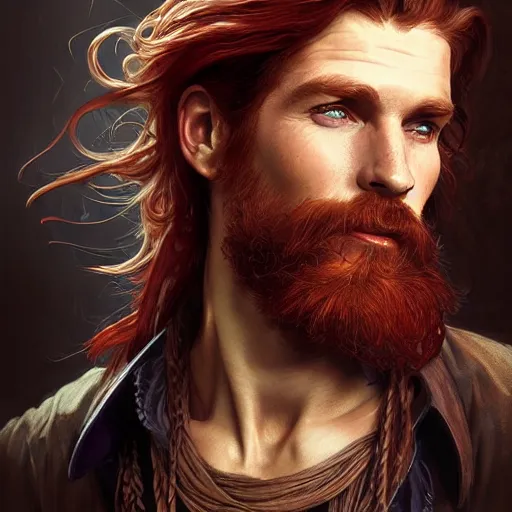 Image similar to portrait of a young ruggedly handsome but joyful pirate, male, masculine, upper body, red crimson hair, long hair, fantasy, roguish smirk, intricate, elegant, highly detailed, digital painting, artstation, concept art, matte, sharp focus, illustration, art by artgerm and greg rutkowski and alphonse mucha