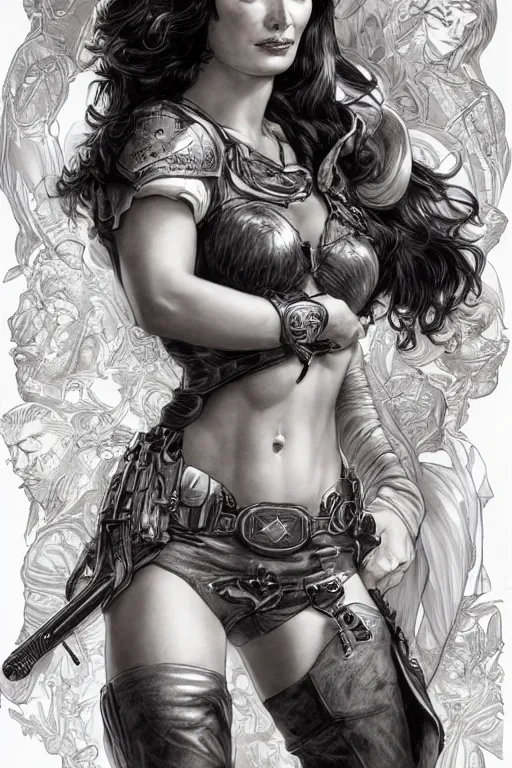 Image similar to bombshell cowgirl who looks like lena headey, detailed full body portrait by james gurney and artgerm and Mucha, amazing detail, intricate, stunning inking lines, 4K, character design, concept art