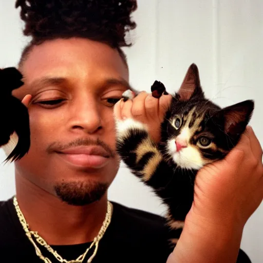 Image similar to 15mm wide-angle lens photo of a rapper in 1990 New York holding a kitten up to the camera