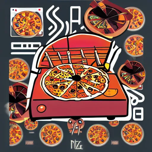 Image similar to album cover of a DJ table with pizza's for vinyl's, psychedelic, 16k, trending on artstation