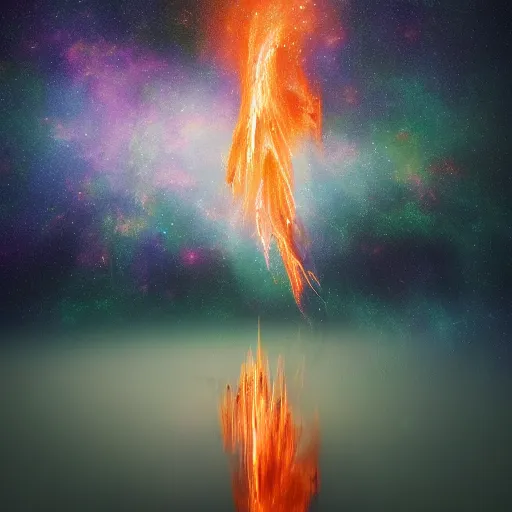Prompt: turbulent lonely painting of a fire spark reflecting the layered networks of the universe, octane render, very beautiful, masterpiece, by annie leibovitz, reflections, minimalist, elegant, nebulae, photorealist