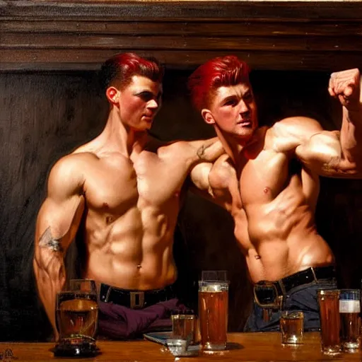 Image similar to attractive muscular male with red hair and muscular attractive male with black hair, drinking their hearts out, in a pub. very defined and highly detailed painting by j. c. leyendecker, gaston bussiere, craig mullins 8 k