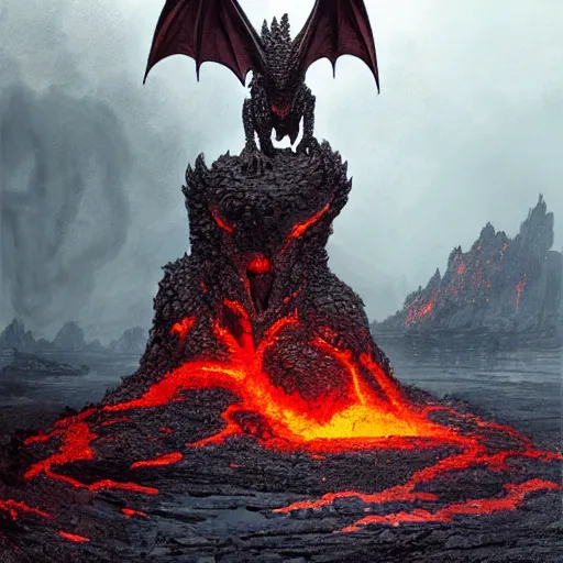 Prompt: dragon made of molten stone dripping with lava rising from the ground, digital art, highly detailed, intricate, tense atmosphere, menacing, scary, 8 k, by greg rutkowski