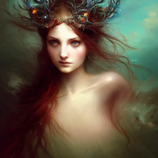 Image similar to dreams of the fae, papery flaking skin, with different colored eyes and flowing hair underwater, three-quarters portrait, intricate, elegant, sharp focus, illustration, highly detailed, digital painting, concept art, matte, by Aleksi Briclot and by Ivan Aivazovsky and by Greg Rutkowski, artgerm, wlop, masterpiece, art nouveau, baroque, fauvism