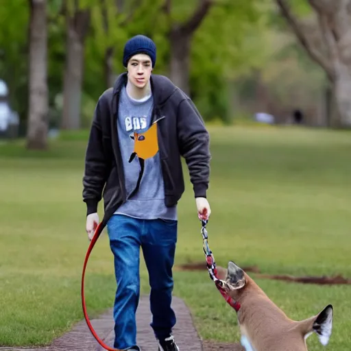 Image similar to Pete Davidson walking a kangaroo, 4k, photorealistic,