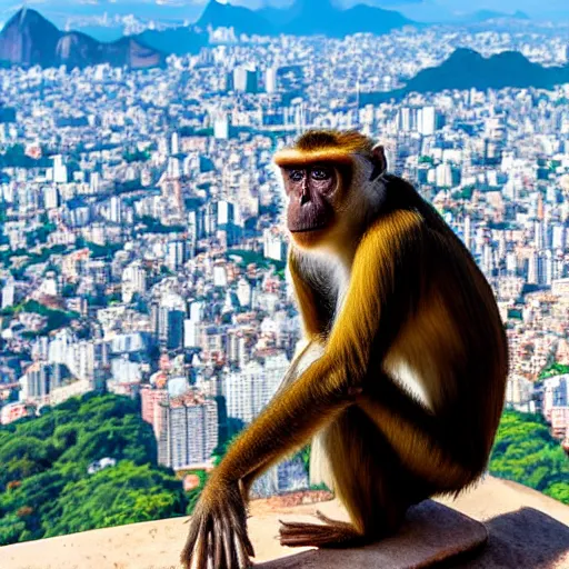 Image similar to high quality portrait of a monkey in front of Christ The Redeemer, studio photograph, photograph, realistic photo, 8k photo, 4k photo, stock photo, high resolution, cinematic shot, high detail