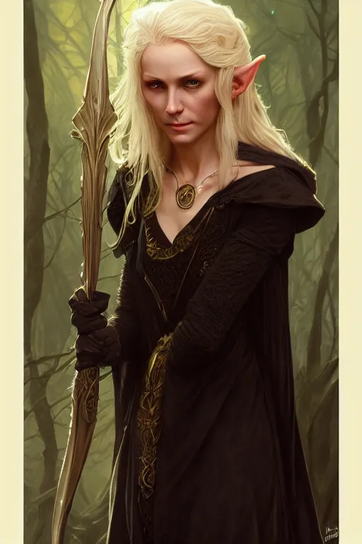 Image similar to portrait of an old blonde elven mage, dark, piercing eyes, gentle expression, elegant clothing, photorealistic, highly detailed, artstation, smooth, sharp focus, art by michael whelan, artgerm, greg rutkowski and alphonse mucha