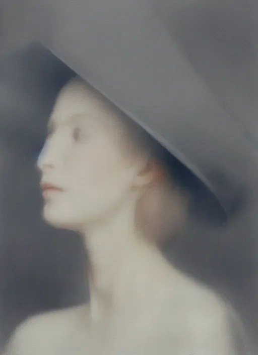 Image similar to out of focus photorealistic portrait of a beautiful pale young woman by sarah moon, very blurry, translucent white skin, closed eyes, foggy, closeup, with a weird hat