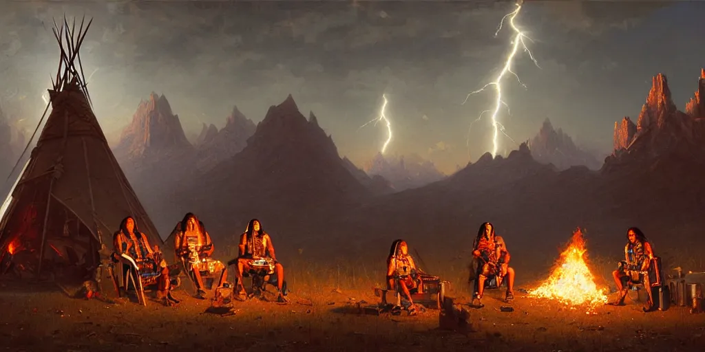 Prompt: an old native american and some cyborgs roboters sitting together at a fire in front of one tipi, beatiful mountain background, cyberpunk, tech wear, by albert bierstadt, by greg rutkowski, highly detailed, warm lightning, digital painting