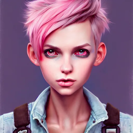 Image similar to full body pose, pixar, beautiful androgynous girl, pink pixie cut hair, torn overalls, short shorts, combat boots, fishnets, beautiful, highly detailed face, true anatomy!, extremely detailed!, digital painting, unreal engine 5, art by tom bagshaw