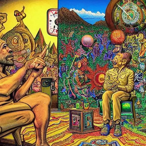 Prompt: Joe Rogan interviewing a psychedelic-DMT, surrealist clock-work Elf, famous painting by R. Crumb and Walt Disney