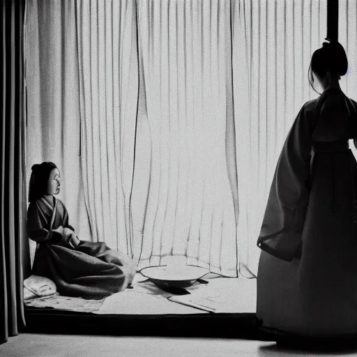 Prompt: woman in traditional hanbok waiting on living room couch, shadow of a giant Kaiju-eiga starfish, behind screen window, 35mm film still, monochrome, Wes Anderson, Fritz Lang