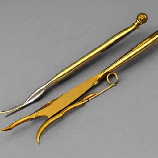 Image similar to polished gold surgical instruments designed in the style of body horror