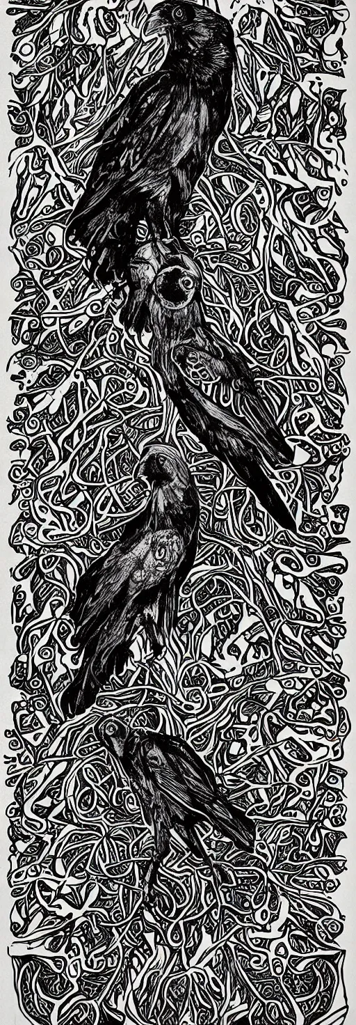 Prompt: psychedelic, monochrome artwork!!, of a single raven and deer combined, in front of an owl that is a window into the ocean, by didier comes, graphic novel art,