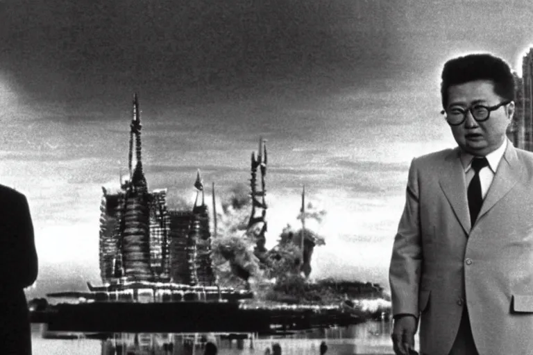 Image similar to a filmstill of Kim Jong-il looking at Pulgasari the starfish Kaiju monster destroying Pyongyang, in Dr Strangelove by Stanley Kubrick (1964), traditional Korean city, palace, epic ultrawide shot, cinemascope