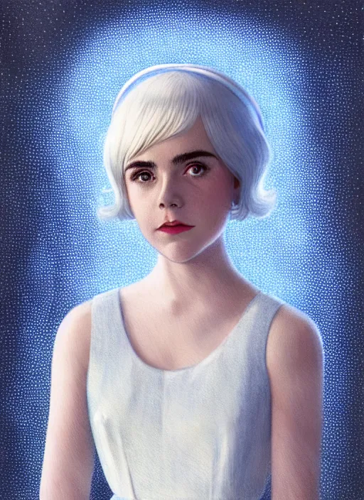 Image similar to portrait of kiernan shipka with freckles, white hair, big 1 9 6 0 s bob hairstyle with bangs and hairband, blue 1 9 6 0 s dress, intricate, elegant, glowing lights, highly detailed, digital painting, artstation, concept art, smooth, sharp focus, illustration, art by wlop, mars ravelo and greg rutkowski