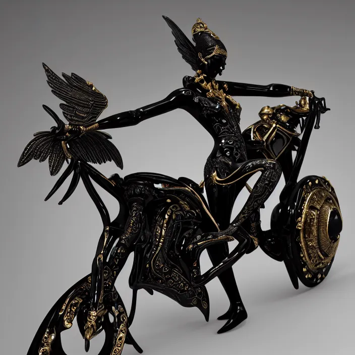 Image similar to fine art statue of masculine black egyptian god on a surrealist motorbike, ebony art deco, carved black marble, inlaid with ebony and gold accents, ebony rococo, wings black lace wear, sculpted by spider zero, zaha hadid, beautifully lit, hyper detailed, intricate, elite, ornate, photorealistic, micro details, 3 d sculpture, ray trace