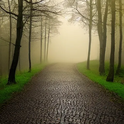 Prompt: beautiful small down, cobblestone roads, low light, end of day, trees, forest in the distance, light mist