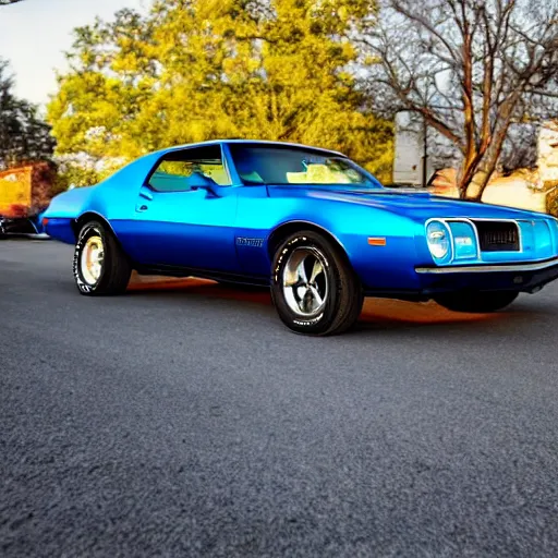 Prompt: Far away picture taken in front of a blue 1972 Pontiac Firebird at a car show, daytime, long shadows in front