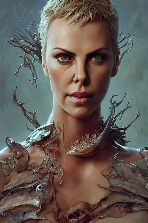 Image similar to Portrait of Charlize Theron as Venus flytrap, intricate, highly detailed, smooth, artstation, digital illustration by Ruan Jia and Mandy Jurgens and Artgerm and Wayne Barlowe and Greg Rutkowski and Zdislav Beksinski