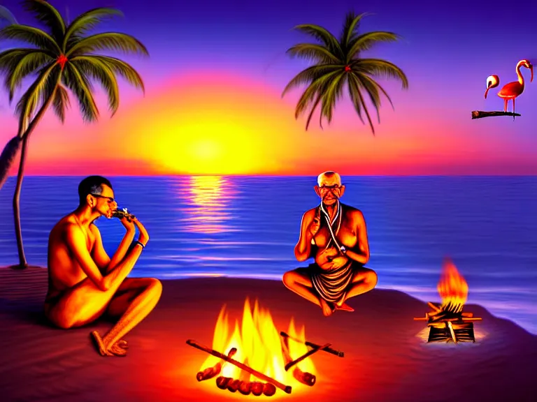 Image similar to gandhi sitting on a beach next to a campfire, holding a cigar, sunset, parrots, flamingos, coconuts, palm trees, highly detailed, digital art, hyper realistic, beautiful, 8 k, trending on deviantart, hyper detailed, glorious lighting, epic environment,