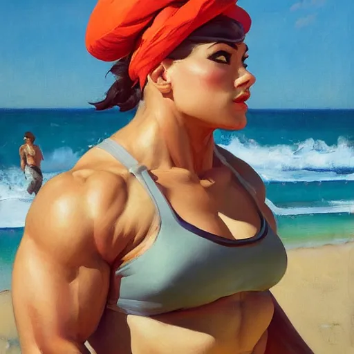 Prompt: greg manchess portrait of thick muscular weightlifter zarya from overwatch with ponytail wearing beach hat, medium shot, asymmetrical, profile picture, organic painting, sunny day, matte painting, bold shapes, hard edges, street art, trending on artstation, by huang guangjian and gil elvgren and sachin teng