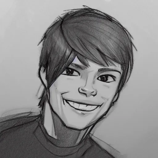 Prompt: sketch of a teenage boy with very short side part hair smiling trending on artstation