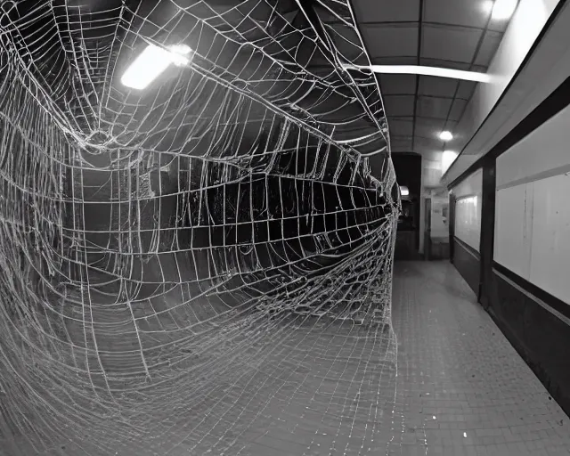 Prompt: camera footage of an abandoned shopping mall overrun by huge spiders and cobwebs, high exposure, dark, monochrome, camera, grainy, CCTV, security camera footage, timestamp, zoomed in, fish-eye lense, spiders!, webs!