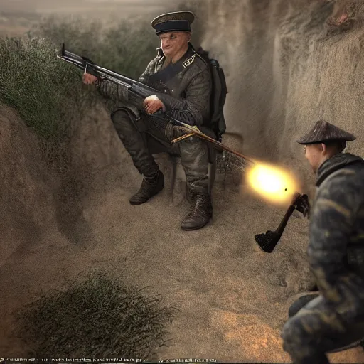 Prompt: Putin, fully equipped, is sitting in a trench and shooting back at the Ukrainians. Super detailed style/ HD textures