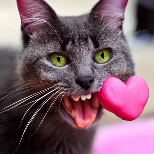 Image similar to photo of a pink cat with pink fur, eating a hamburger, biting a hamburger