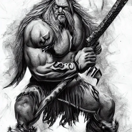 Prompt: frost giant, with a battleaxe, tribal tattoos, very muscular, large fists, fantasy, d & d, intricate, detailed, by greg ruthowski, trending on artstation, smooth, sharp focus