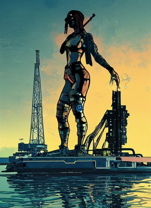 Prompt: cyberpunk cartel assassin on tactical skiff. burning oil rig in the background. portrait illustration, pop art, art by ashley wood, alphonse mucha, laurie greasley and josan gonzalez. cinematic. dynamic lighting. realistic proportions. creative design. cell shading. machete