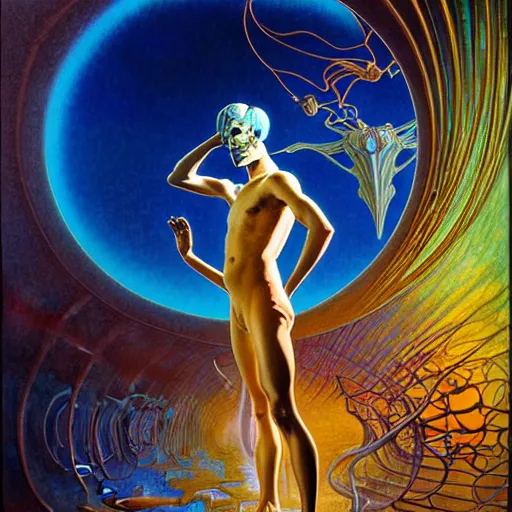 Image similar to realistic extremely detailed portrait painting of a glowing male silhouette, futuristic sci-fi landscape on background by Jean Delville, Amano, Yves Tanguy, Alphonse Mucha, Ernst Haeckel, Edward Robert Hughes, Roger Dean, rich moody colours, blue eyes