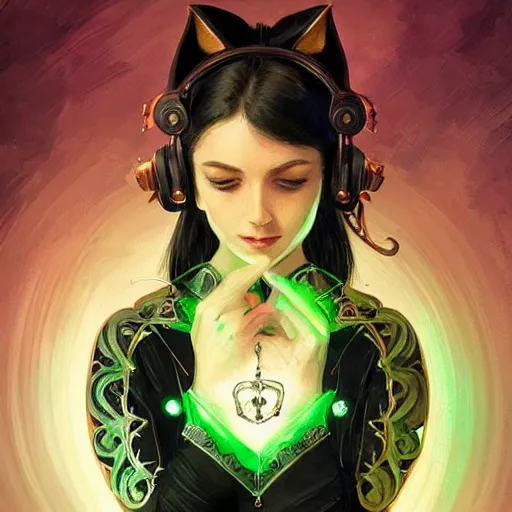 Image similar to black cat with green eyes and a headset sitting infront of a PC screen with a bright background, D&D, fantasy, intricate, elegant, highly detailed, digital painting, artstation, concept art, smooth, sharp focus, illustration, art by artgerm and greg rutkowski and alphonse mucha