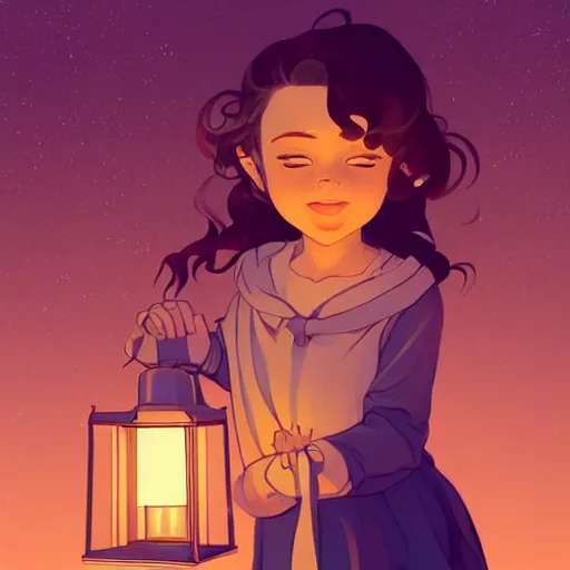 Prompt: a little girl with short wavy curly light brown hair holding a glowing lantern. clean cel shaded vector art. shutterstock. behance hd by lois van baarle, artgerm, helen huang, by makoto shinkai and ilya kuvshinov, rossdraws, illustration, art by ilya kuvshinov