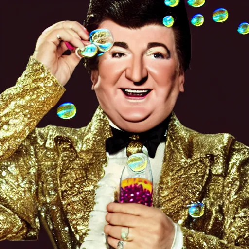Image similar to liberace tossing a salad, bubbles coming out of his ears, glittery border,