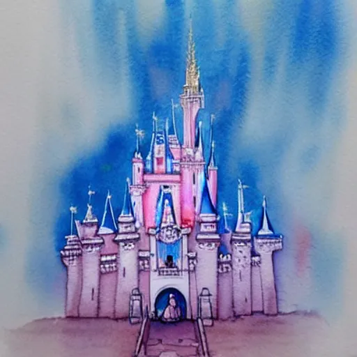 Prompt: a beautiful watercolour painting of the disney castle on a white canvas background, ultra detailed