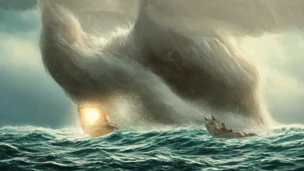 Prompt: a gigantic cat bursting out of a stormy sea attacking a small sail boat, wet fur, giant waves, sunbeams in background, intricate, detailed, volumetric lighting, sharp focus, scenery, photorealism, digital painting, highly detailed, concept art, by roger dean and simon stalenhag and mark brooks