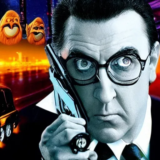 Prompt: weird al yankovich as 007, gritty, movie poster