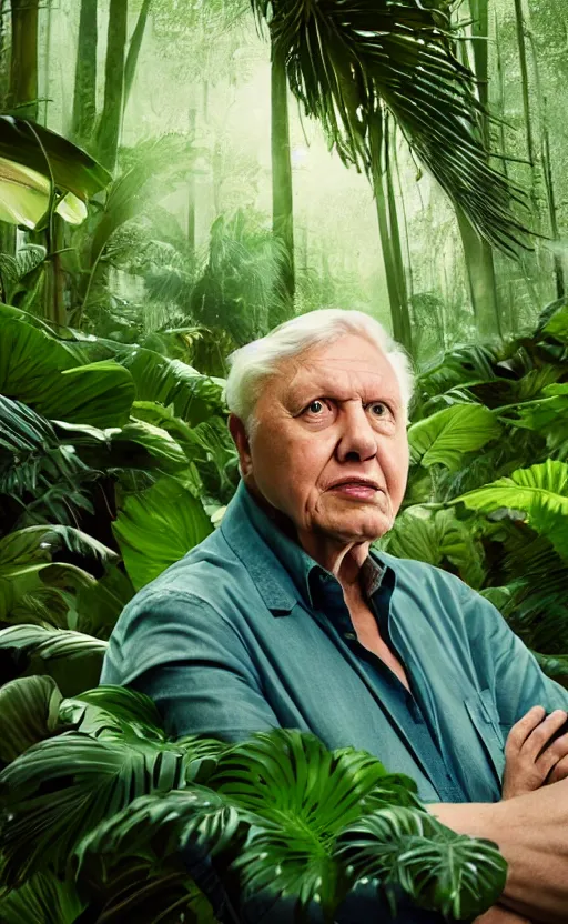 Image similar to Portrait of Sir David Attenborough with a lush tropical jungle in the background, splash art, movie still, cinematic lighting, dramatic, octane render, long lens, shallow depth of field, bokeh, anamorphic lens flare, 8k, hyper detailed, 35mm film grain