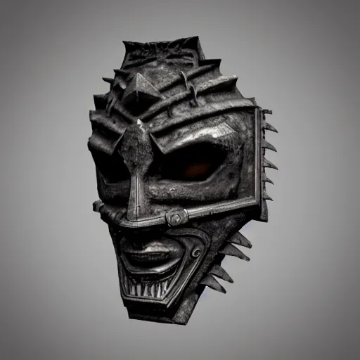 Prompt: an ominous dark ancient mask. cracks. hyper - detailed. gothic medieval steampunk baroque. symmetric. epic. hyper - realistic. unreal render.