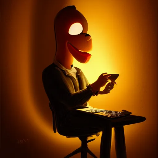 Prompt: Anthropomorphic corn cob using computer in a dark room, face illuminated, hyperrealistic, artstation, 8k, concept art, very detailed, hd, digital painting, shadows, dimly lit, dramatic lighting